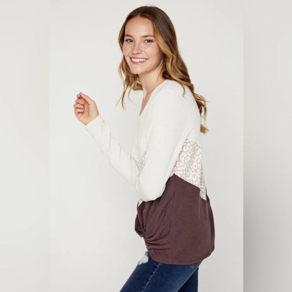 NWT Hailey & Co Animal Print Color Block Long Sleeve Top, Brown/Cream - Picture 7 of 13